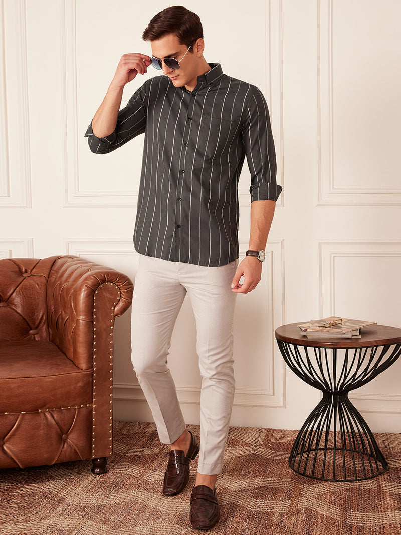 Dark Green & off white: Full Sleeve Button-Down Collar Striped Shirt