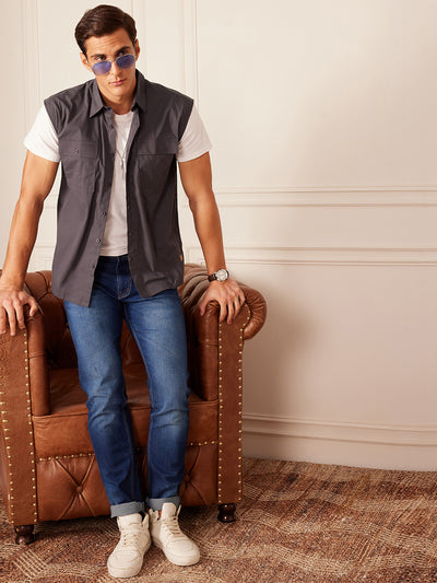 Grey: Sleeveless Cotton Casual Shirt