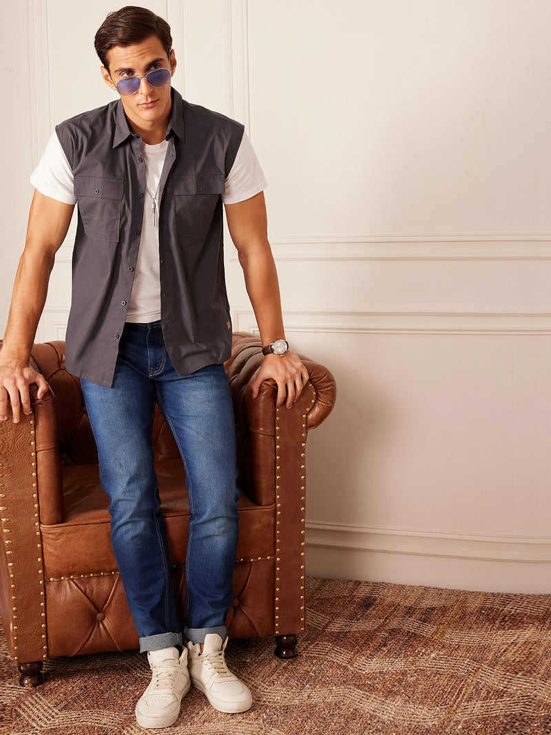 Grey: Sleeveless Cotton Casual Shirt