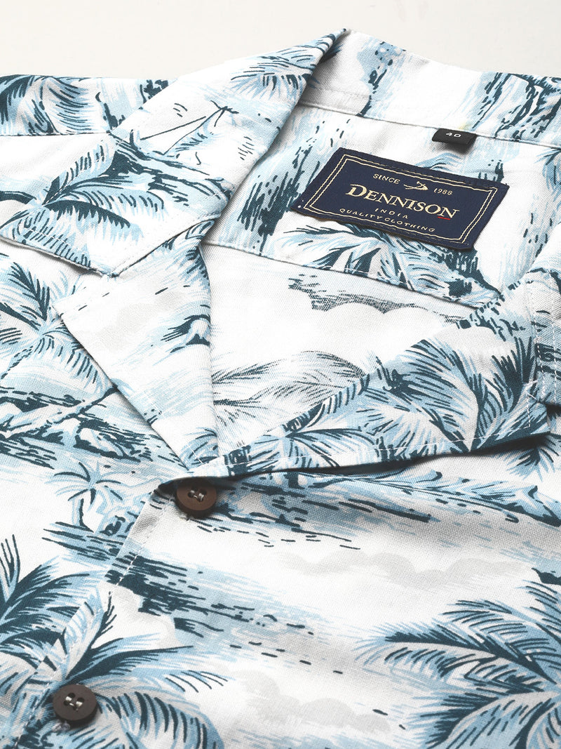 White: Half Sleeves Cuban Collar Casual Floral Printed Shirt