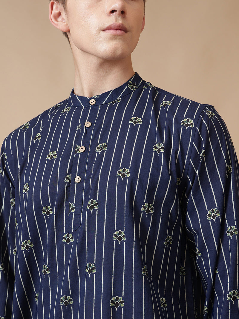 Mandarin Flower Striped Short Kurta