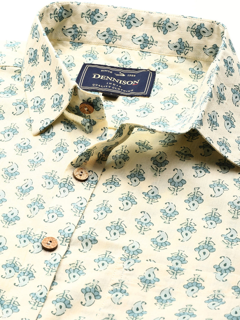 Beige: Half Sleeves Block Printed Shirt