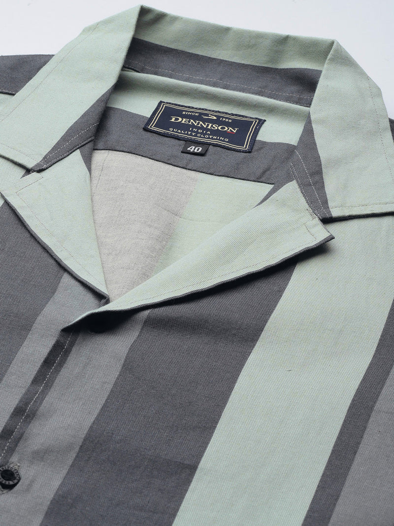Green: Full Sleeve Button-Down Collar Striped Shirt