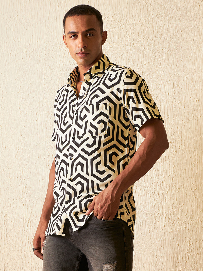 DENNISON Men Cream-coloured Block Printed Shirt