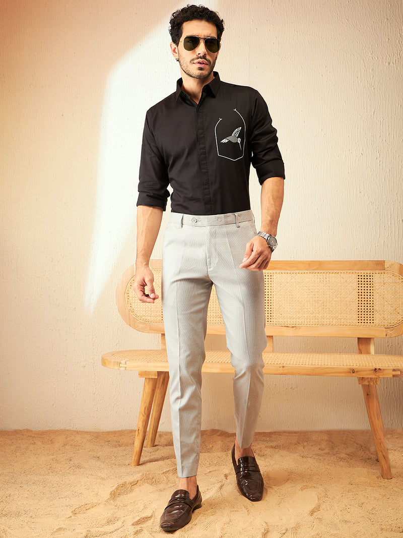 DENNISON Men Grey Textured Smart Tapered Fit Easy Wash Trousers