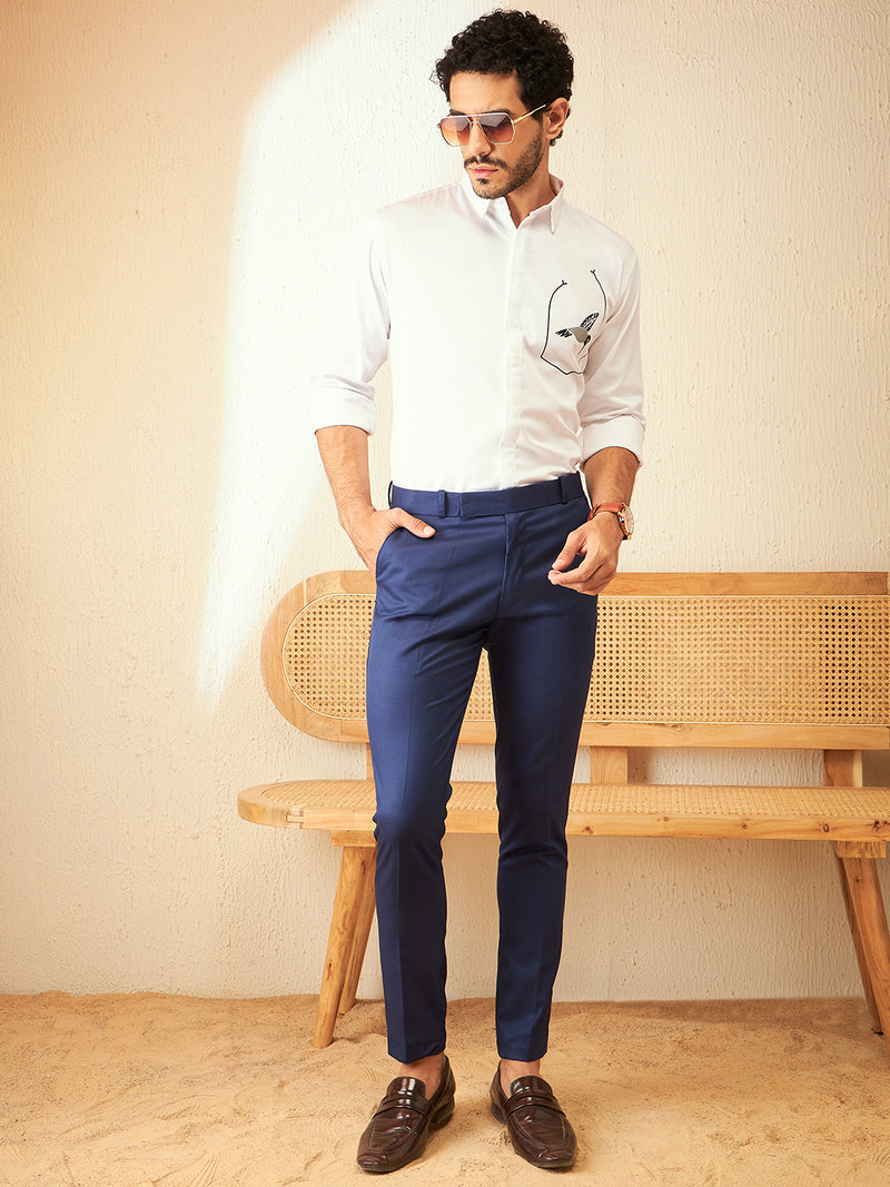 White: Full Sleeves Printed Opaque Party Shirt