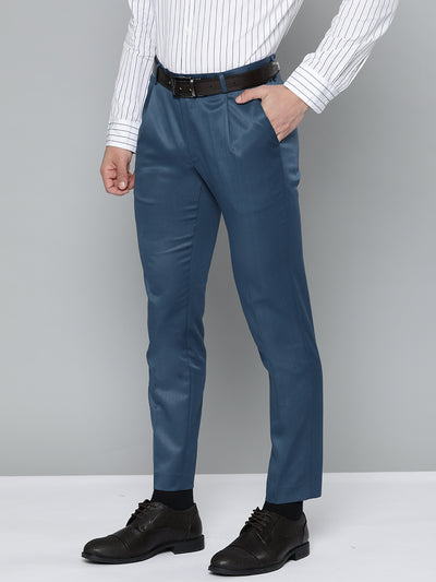DENNISON Men Teal Blue Smart Tapered Fit Pleated Trousers