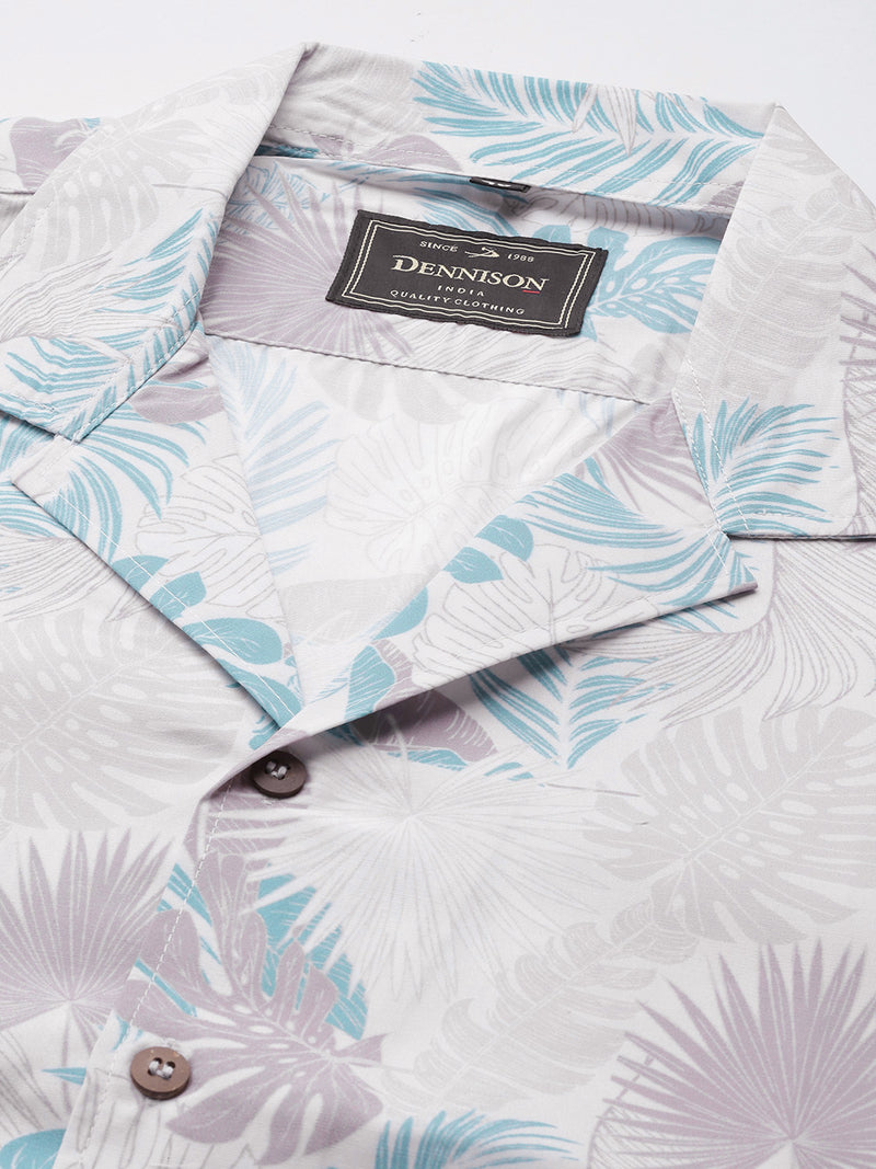 DENNISON Men White Smart Slim Fit Floral Printed Casual Shirt