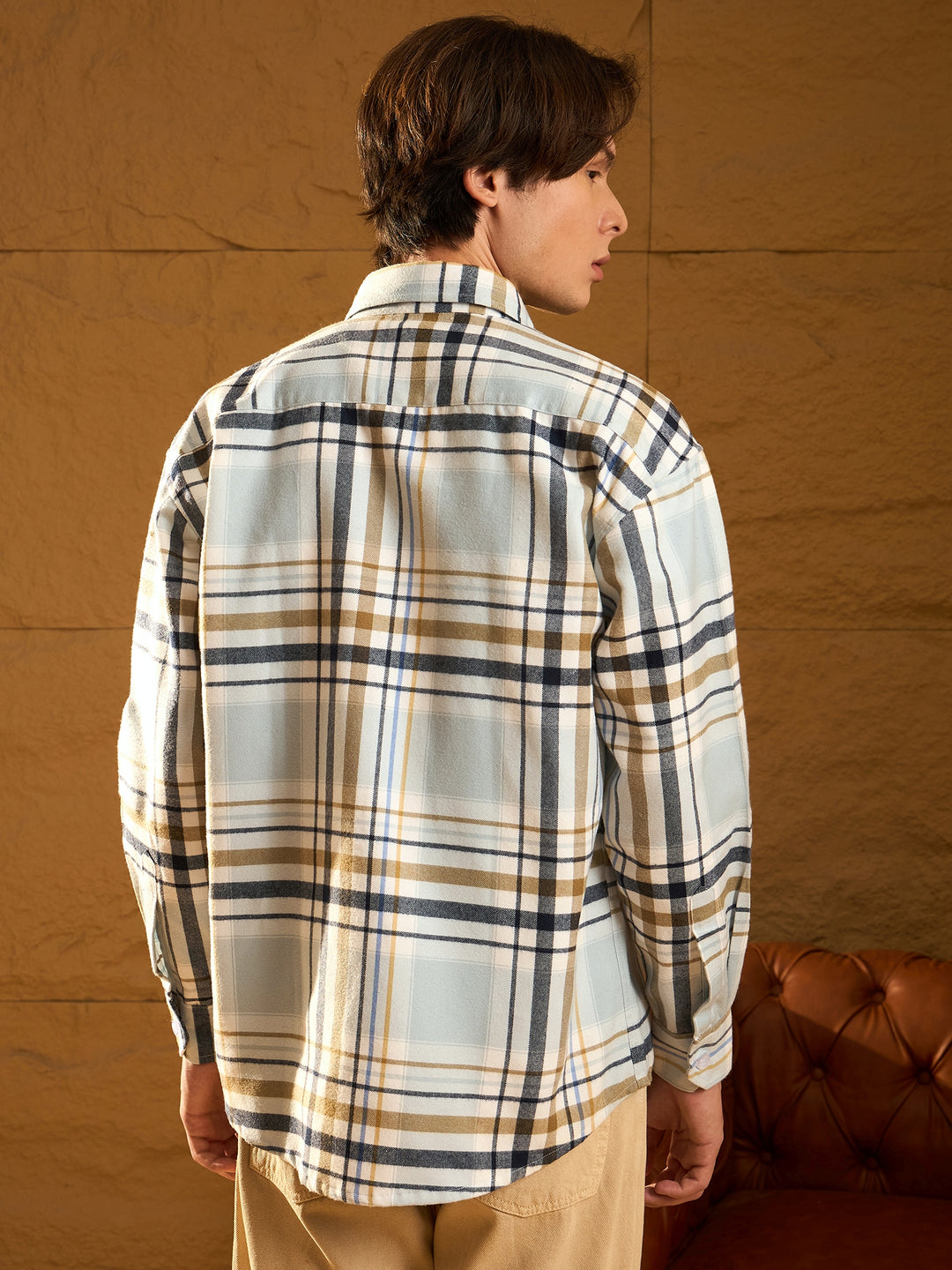 White & Sky Blue Checked Oversized Shacket