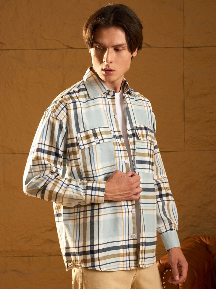 White & Sky Blue Checked Oversized Shacket