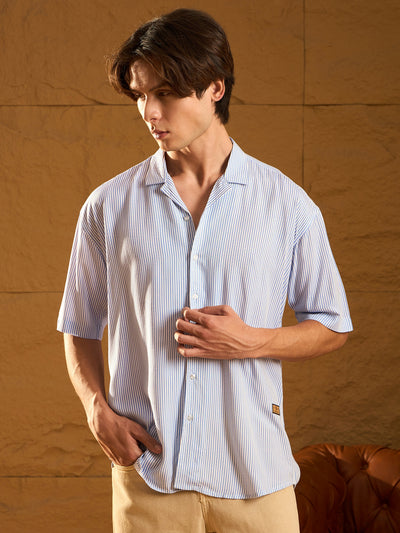 Blue & White: Half Sleeves Oversized Stripes Shirt