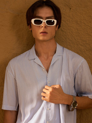 Blue & White: Half Sleeves Oversized Stripes Shirt