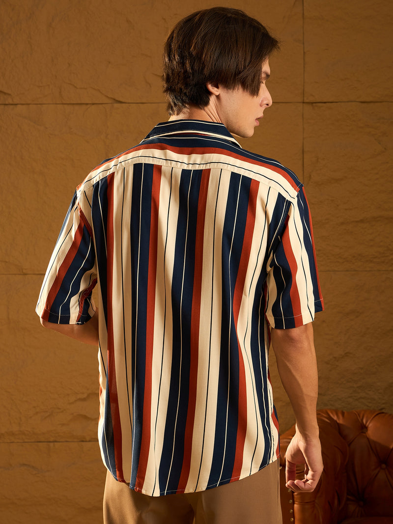 Off White & Blue: Half Sleeves Oversized Stripes Shirt
