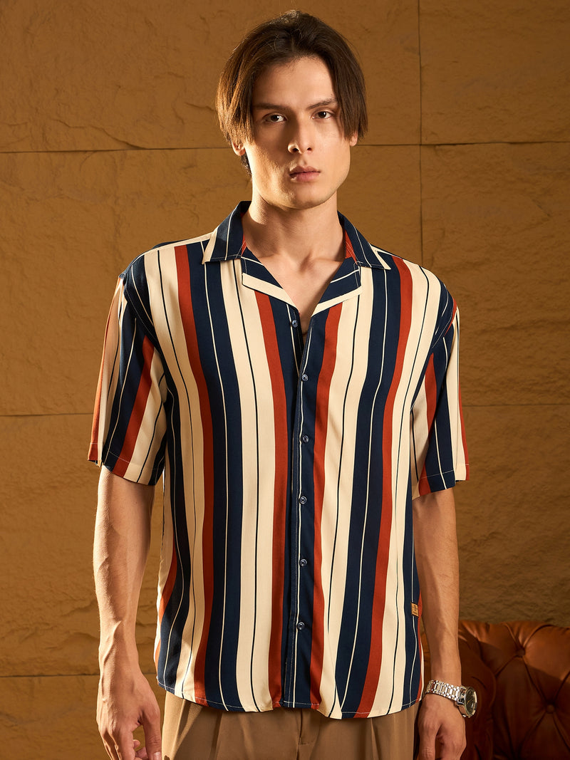 Off White & Blue: Half Sleeves Oversized Stripes Shirt
