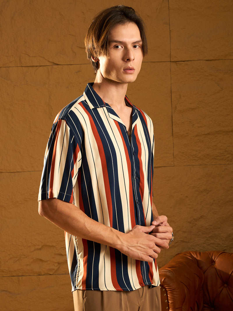 Off White & Blue: Half Sleeves Oversized Stripes Shirt