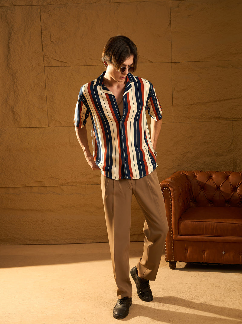 Off White & Blue: Half Sleeves Oversized Stripes Shirt