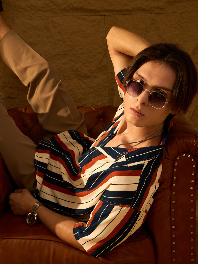 Off White & Blue: Half Sleeves Oversized Stripes Shirt