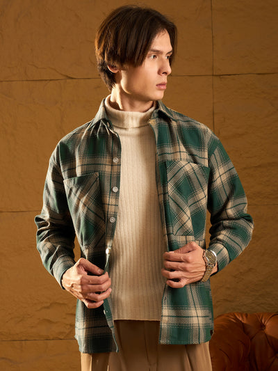 Green oversized checked shacket front view