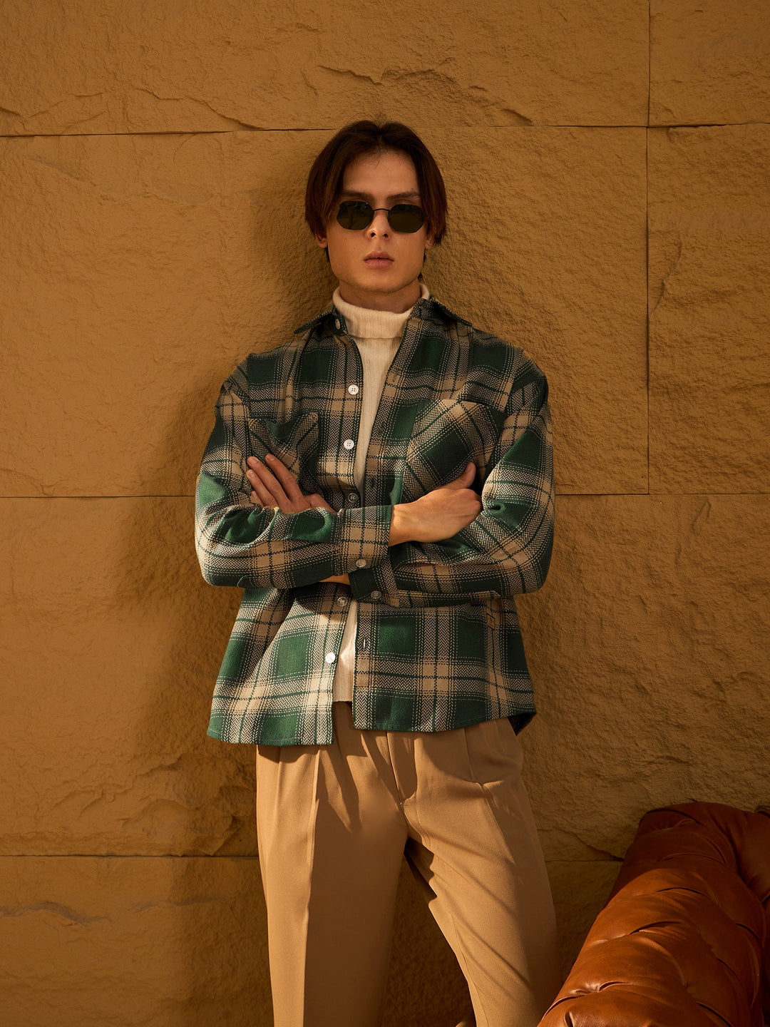 Double Pocket Oversized Cotton Checked Shacket