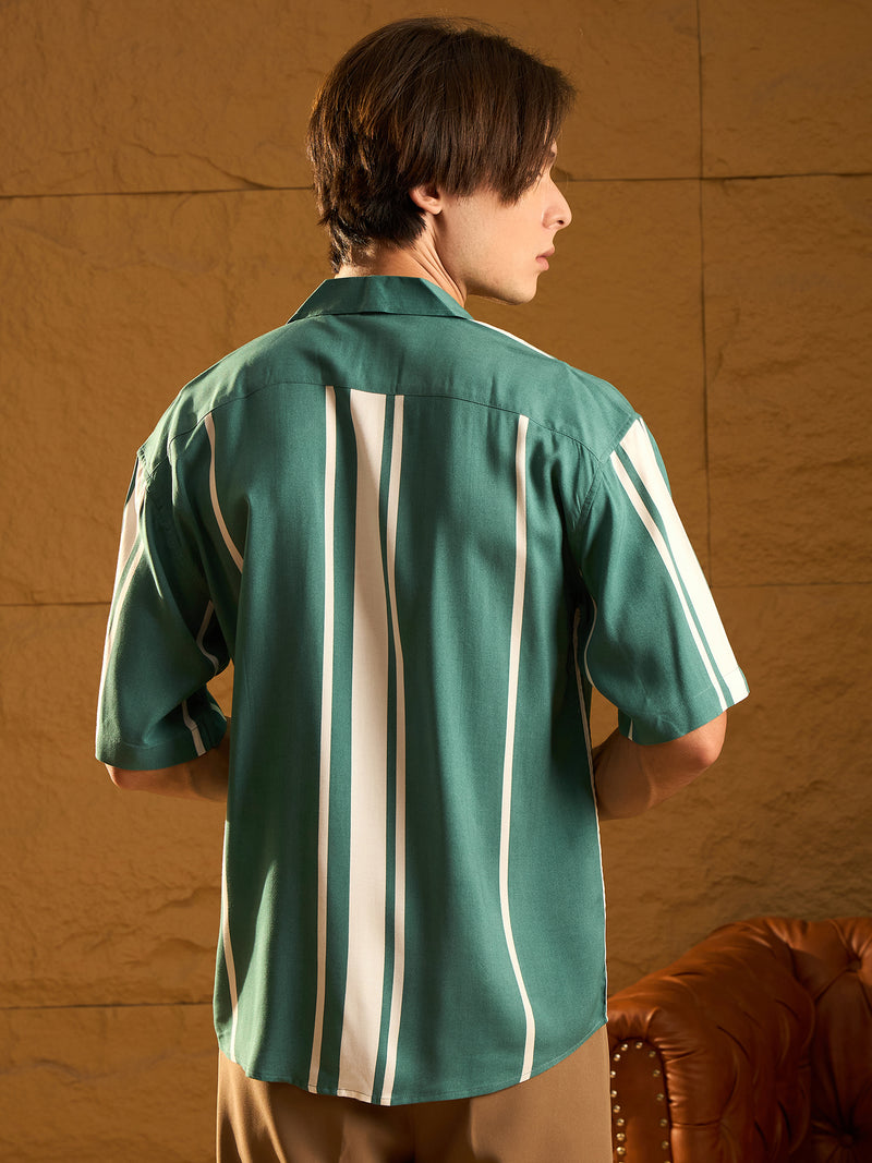 Green: Half Sleeves Oversized Stripes Shirts