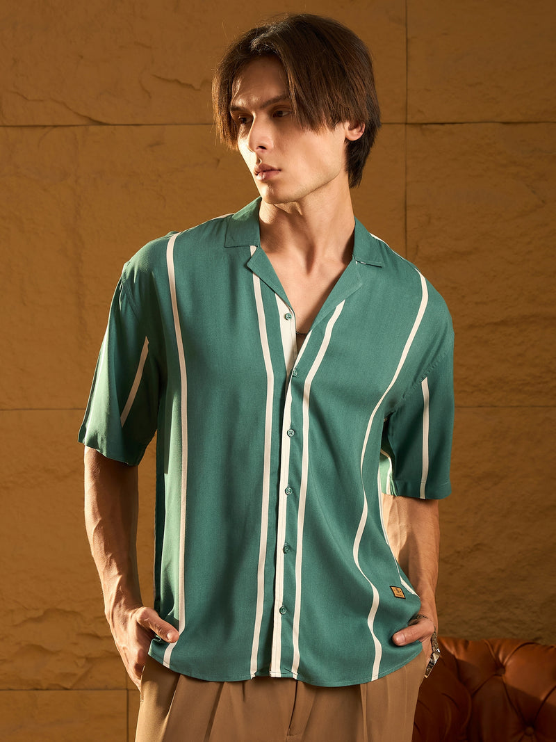 Green: Half Sleeves Oversized Stripes Shirts