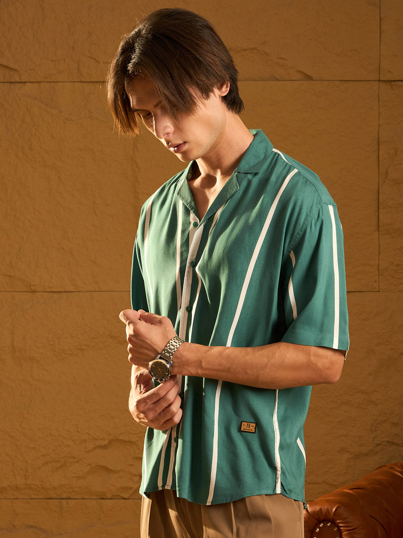 Green: Half Sleeves Oversized Stripes Shirts