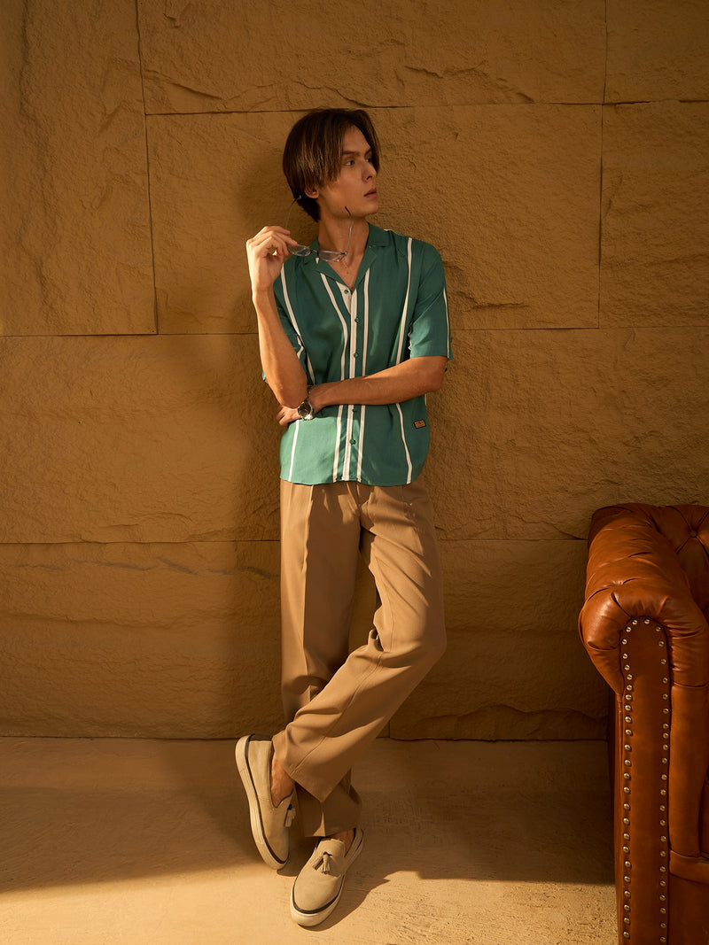 Green: Half Sleeves Oversized Stripes Shirts