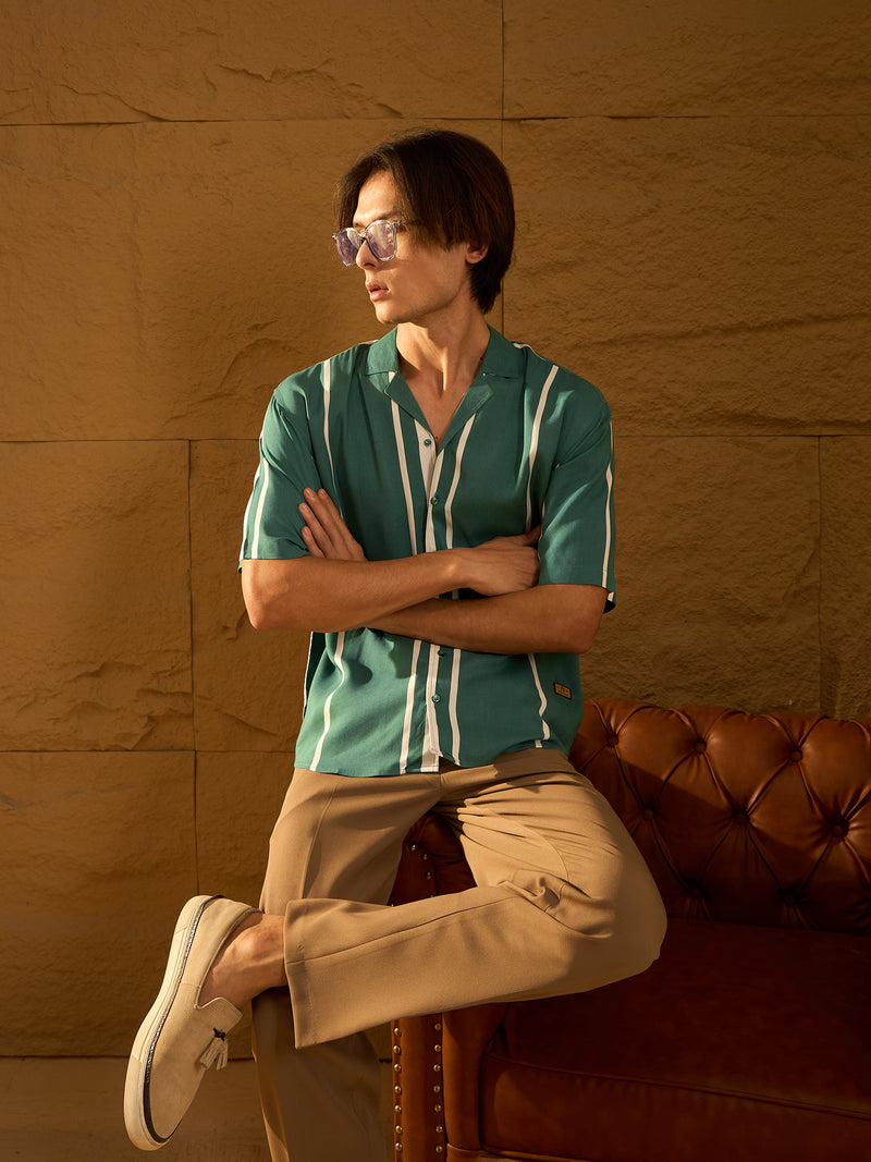 Green: Half Sleeves Oversized Stripes Shirts