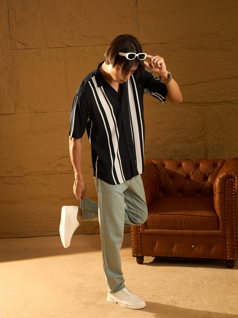 Stripes Printed Drop Shoulder Oversized Rayon Shirt