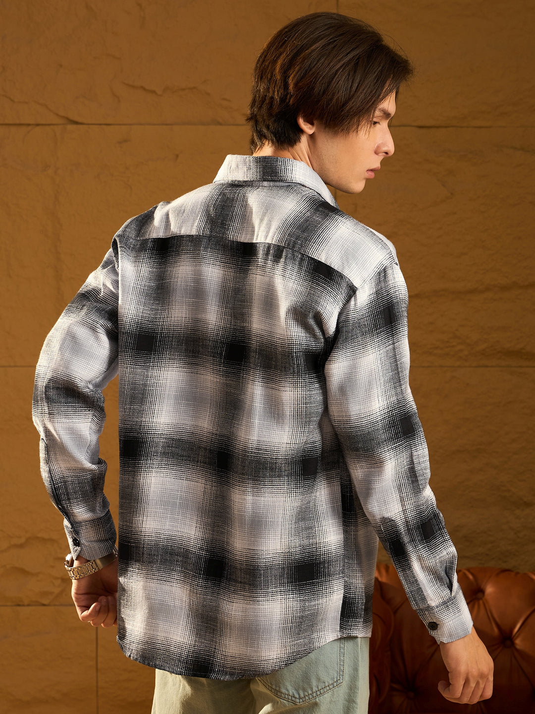 Double Pocket Drop Shoulder Oversized Cotton Checked Shacket