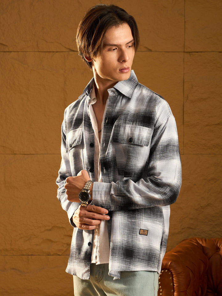 Double Pocket Drop Shoulder Oversized Cotton Checked Shacket