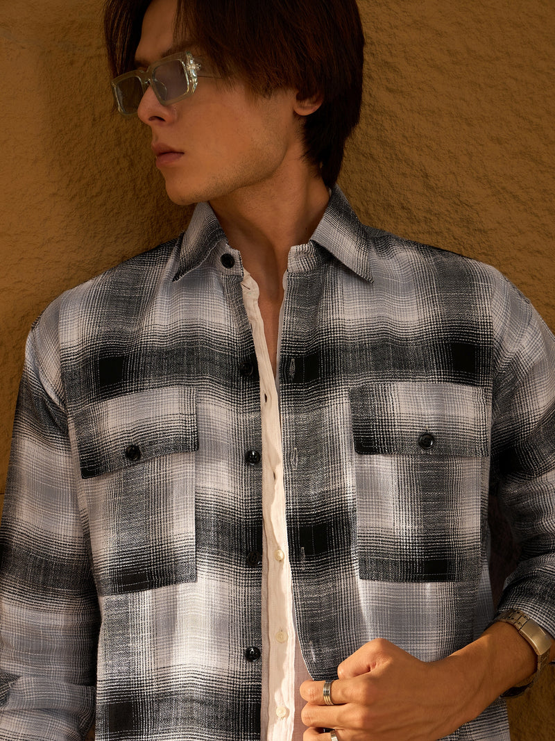 Double Pocket Drop Shoulder Oversized Cotton Checked Shacket
