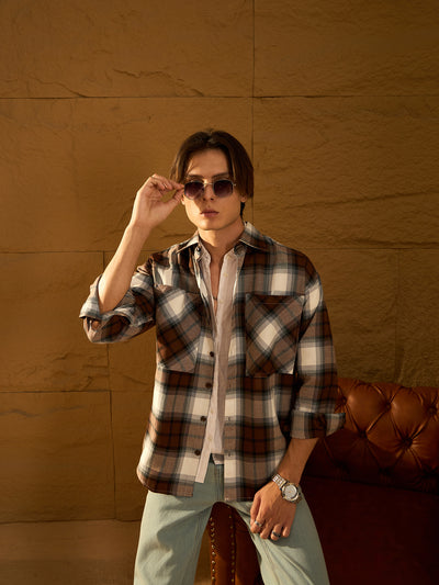 Brown checked oversized shacket front view