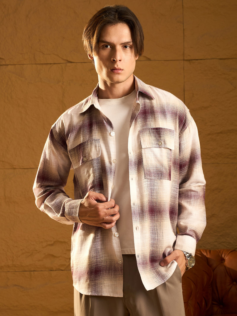 Double Pocket Drop Shoulder Oversized Cotton Checked Shacket