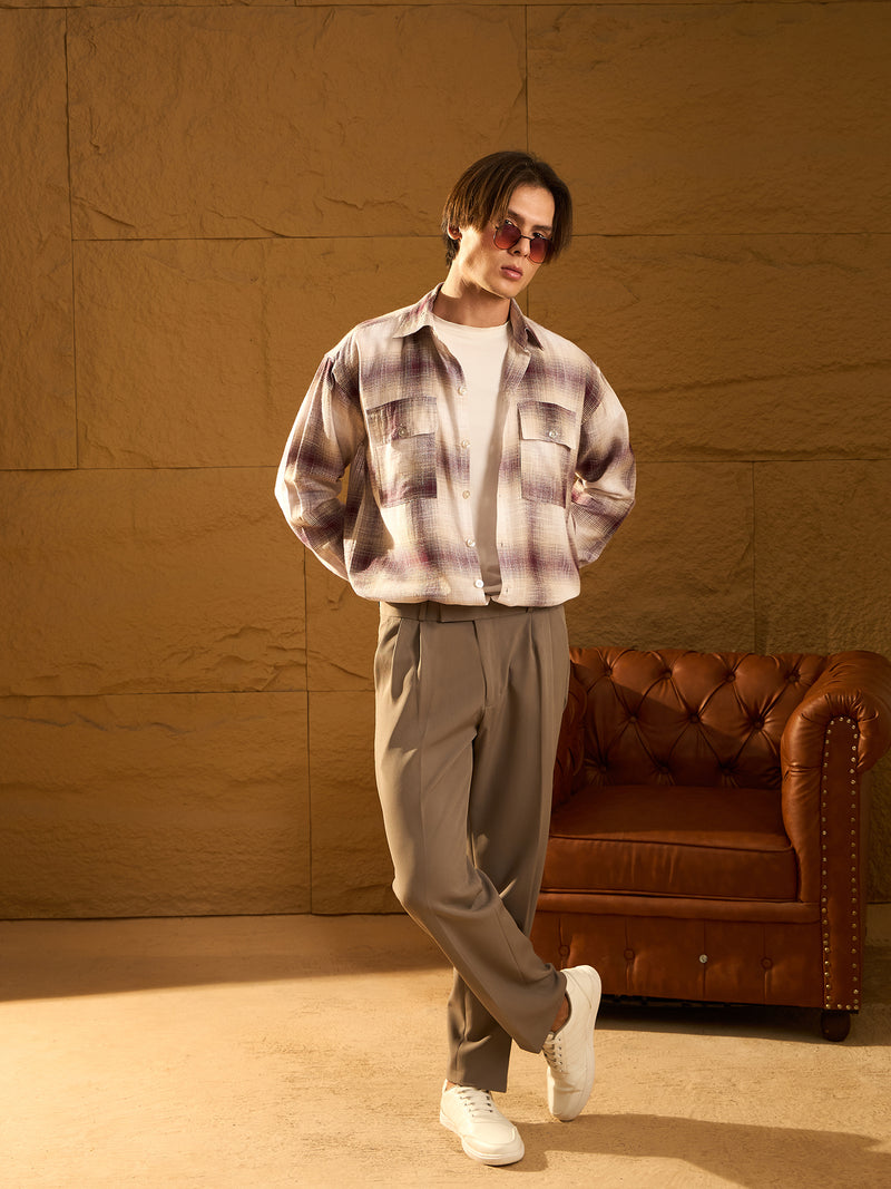 Double Pocket Drop Shoulder Oversized Cotton Checked Shacket