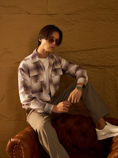 Double Pocket Drop Shoulder Oversized Cotton Checked Shacket