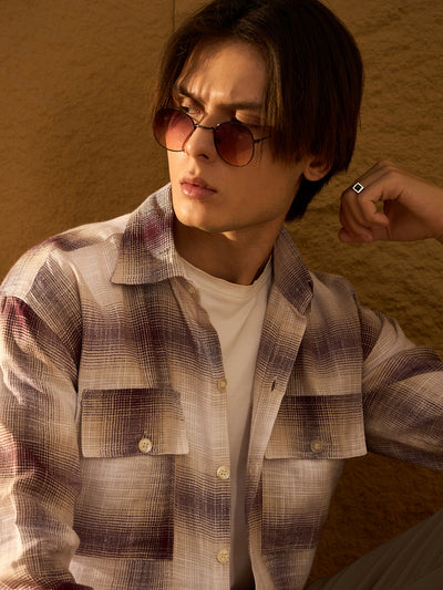 Double Pocket Drop Shoulder Oversized Cotton Checked Shacket