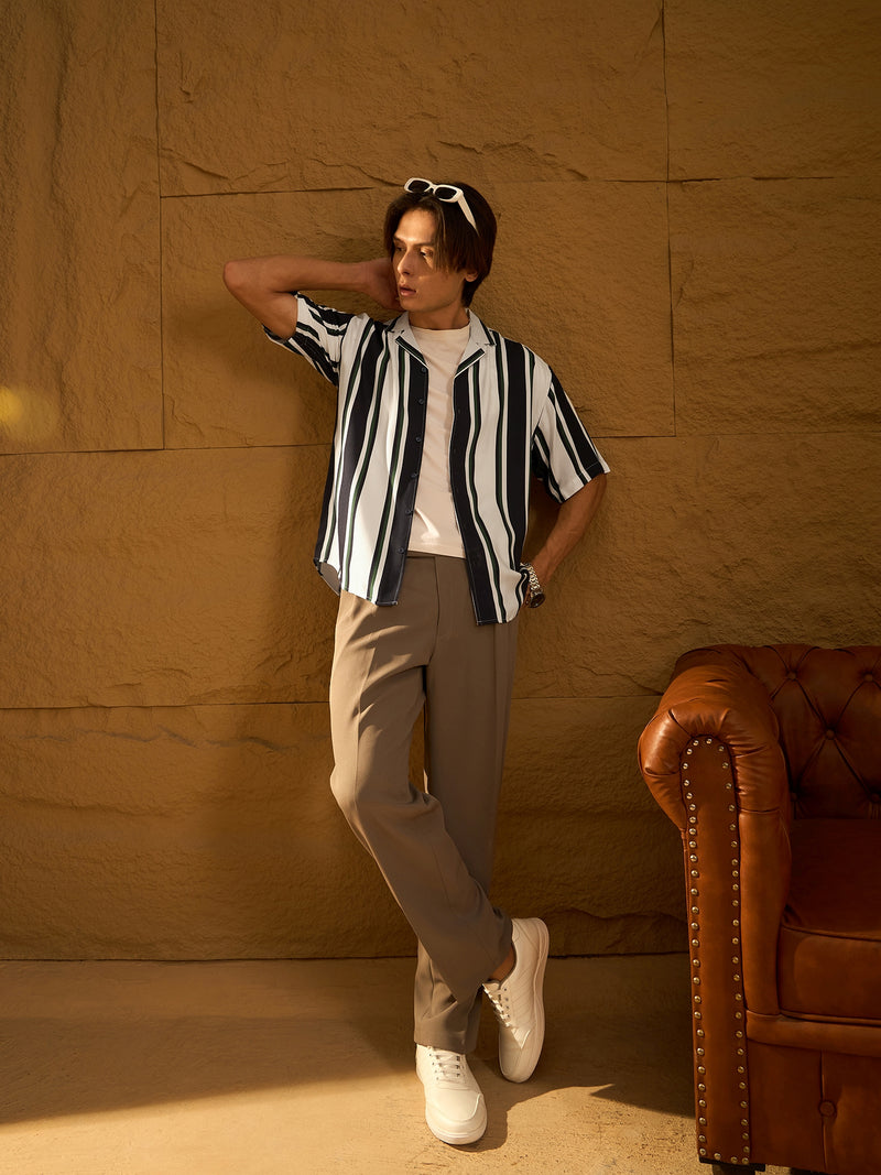 White & Navy Blue: Half Sleeves Oversized Stripes Shirt