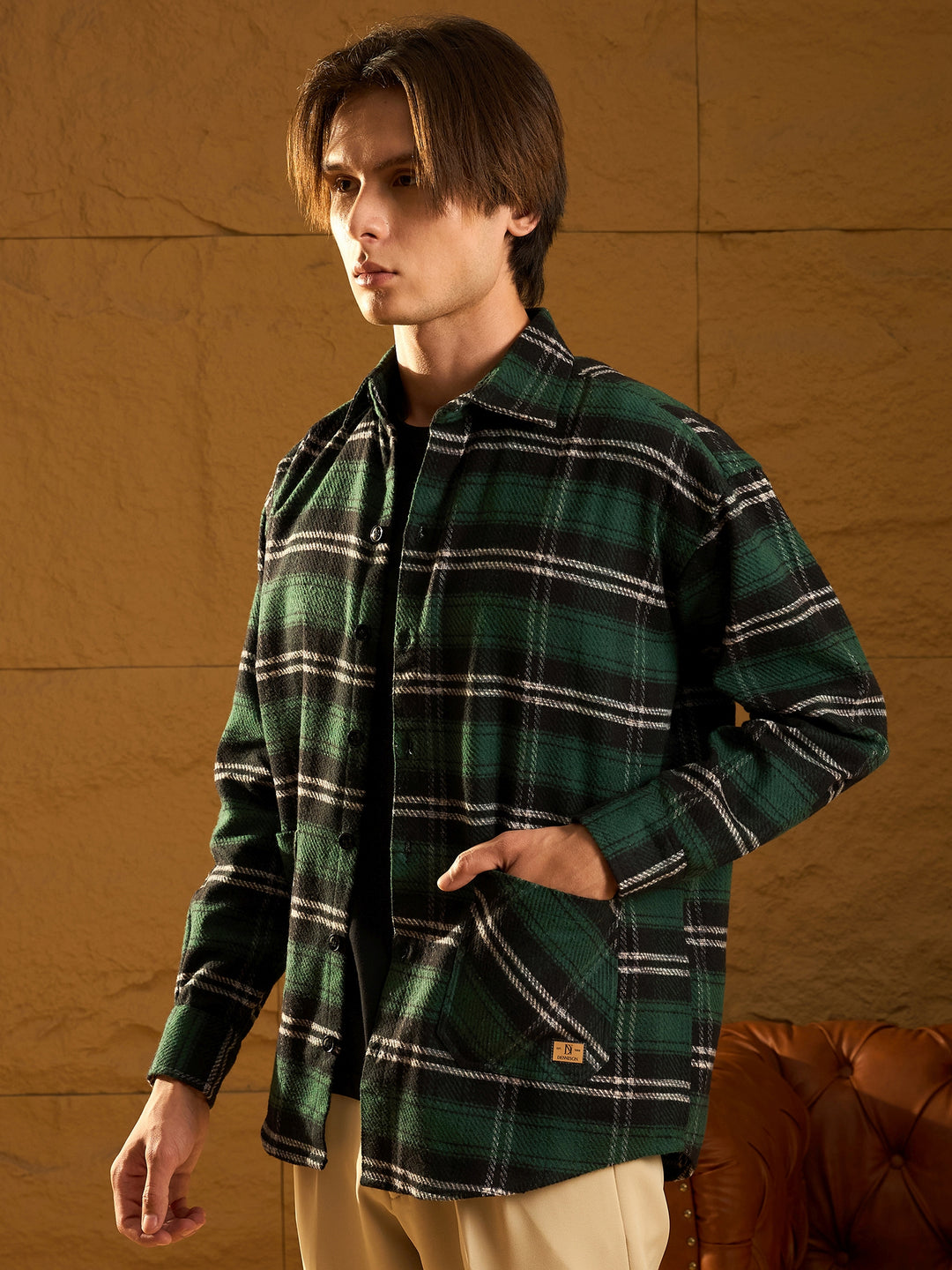 Green & Black Checked Cotton Oversized Shacket