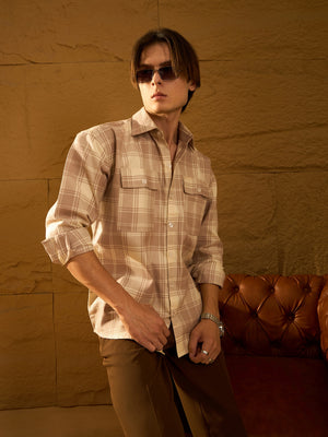 Brown double pocket oversized shacket front view