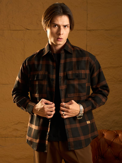 Brown double pocket cotton oversized shacket front view