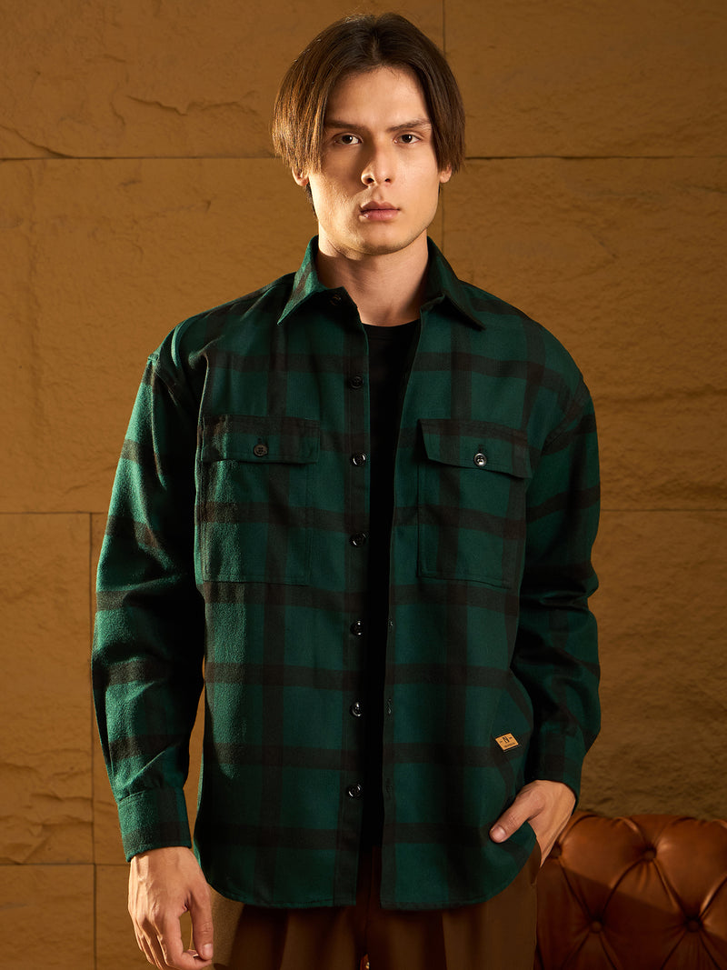 Green Checked Cotton Oversized Shacket