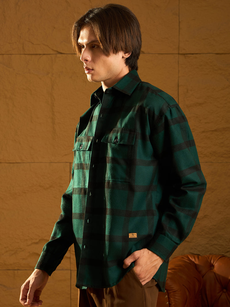 Green Checked Cotton Oversized Shacket