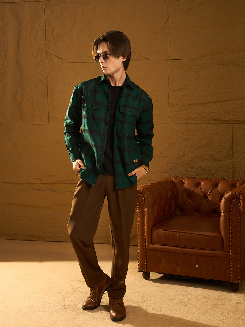 Green Checked Cotton Oversized Shacket