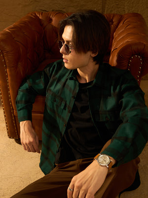 Green checked cotton oversized shacket front view