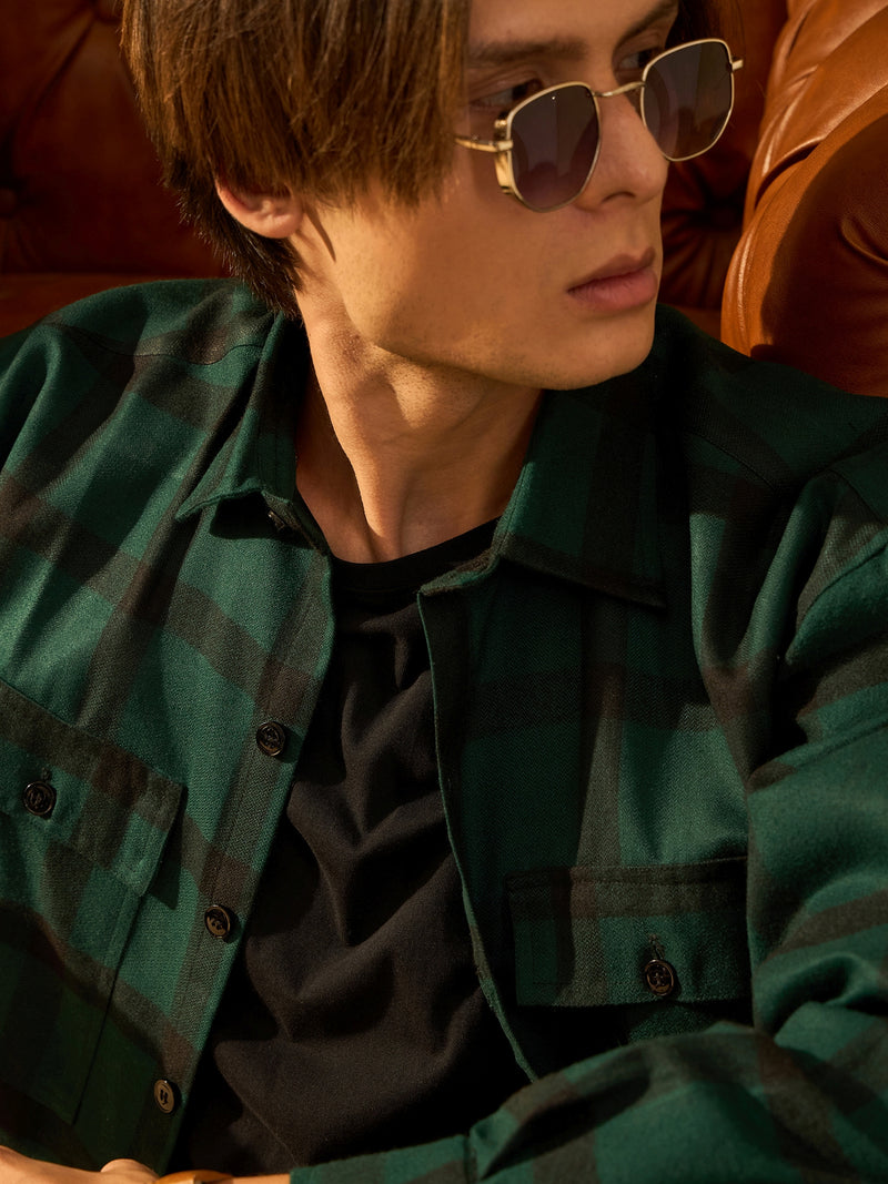 Green Checked Cotton Oversized Shacket