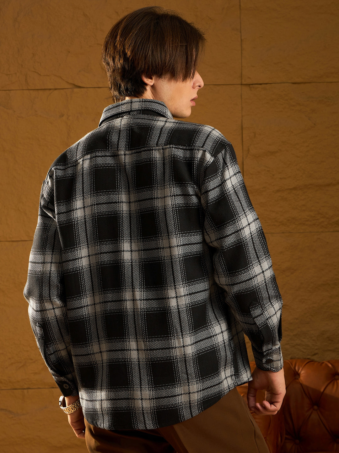 Double Pocket Drop Shoulder Oversized Cotton Checked Shacket