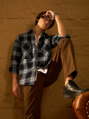 Double Pocket Drop Shoulder Oversized Cotton Checked Shacket