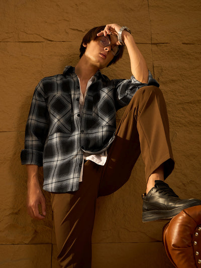 Double Pocket Drop Shoulder Oversized Cotton Checked Shacket