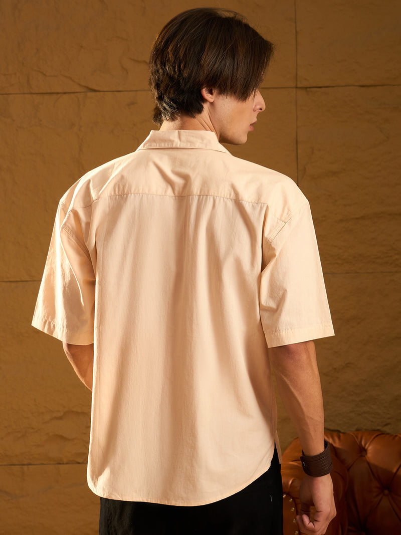 Beige: Half Sleeves Floral Embroidery Shirt